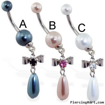 Pearl navel ring with dangling jeweled bow and pearl