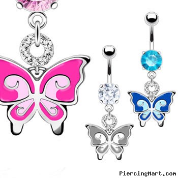 Jeweled navel ring with dangling colored butterfly