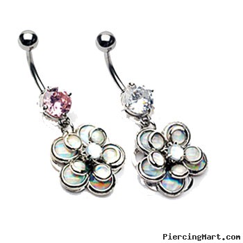 Jeweled navel ring with dangling miracle bead flower petals