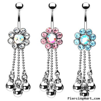 Jeweled flower navel ring with dangling chains and balls