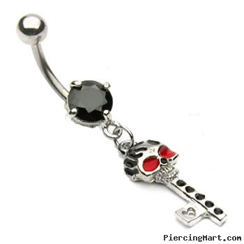 Black jeweled belly ring with dangling skull key