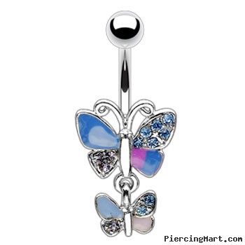 Hinged multi-color pave jeweled double butterfly belly ring