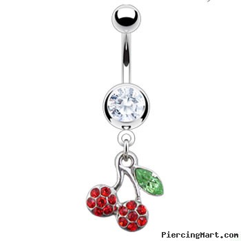 Navel ring with dangling pave jeweled cherries