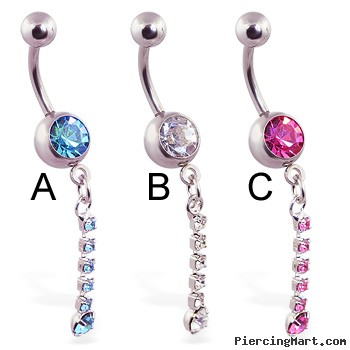 Jeweled belly ring with single jeweled dangle