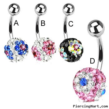 Navel ring with jeweled paved multi-color flower balls