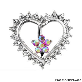 Jeweled flower and heart reversed belly ring