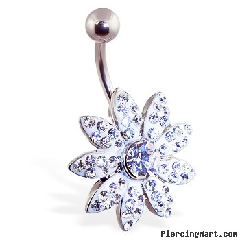 Large jeweled paved flower belly ring