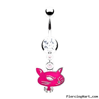 Jeweled navel ring with dangling pink cat