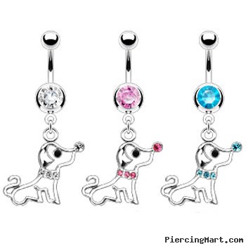 Navel ring with dangling jeweled puppy dog