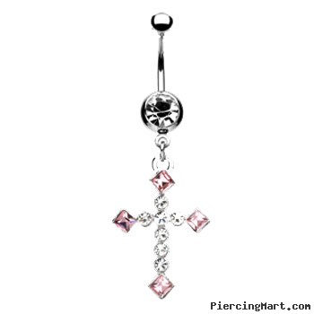 Jeweled navel ring with dangling pink jeweled cross