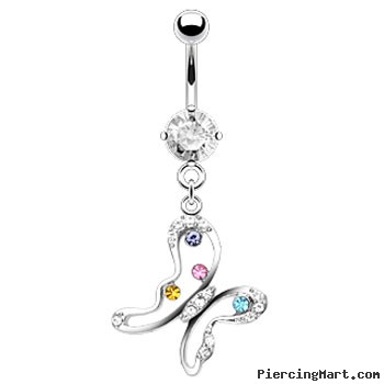 Navel ring with dangling jeweled butterfly