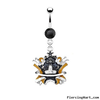 Black jeweled navel ring with dangling black and yellow enameled crown