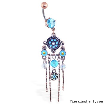 Aqua Vintage Belly Ring With Dangling Vintage Chandelier