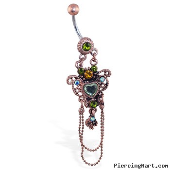 Jeweled vintage belly ring with heart chandelier dangle