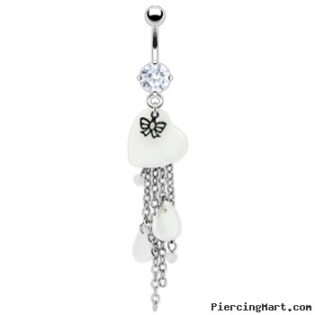 Navel ring with dangling white heart, chains and bow