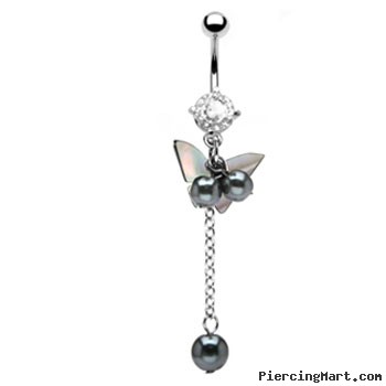 Navel ring with dangling mother of pearl butterfly and beads