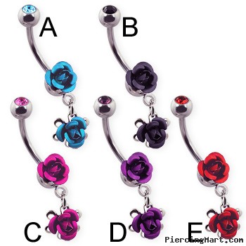 Metal rose belly ring with dangling rose and jeweled top ball