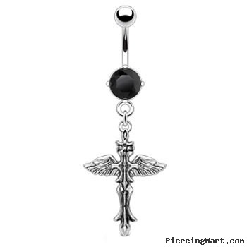 Navel ring with dangling cross with wings