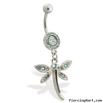 Pave jeweled belly ring with dangling jeweled dragonfly