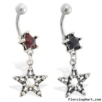 Jeweled star navel ring with dangling pentacle star