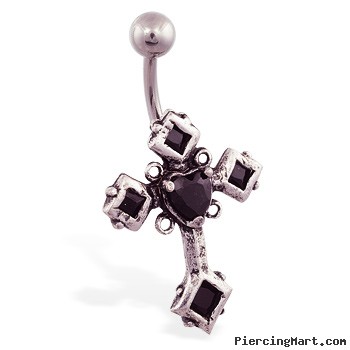 Big jeweled black gothic cross belly ring