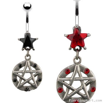 Jeweled star belly ring with dangling jeweled gothic pentacle