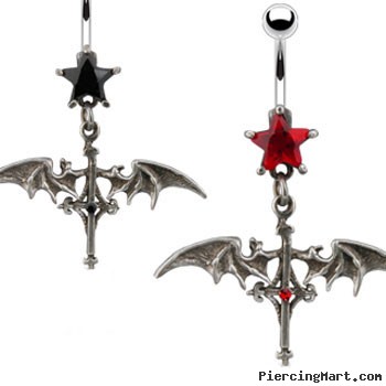 Jeweled star navel ring with dangling gothic cross and bats