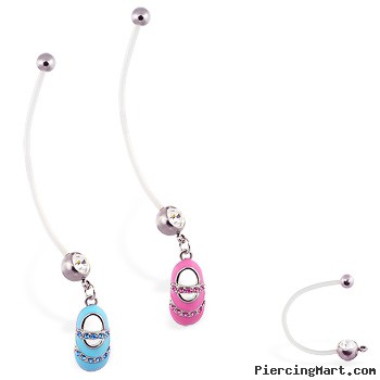 Super long flexible bioplast belly ring with dangling jeweled baby shoe