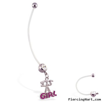 Super long flexible bioplast belly ring with dangling "ITS A GIRL"