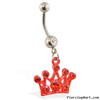 Navel Ring with Dangling Red Jeweled Crown