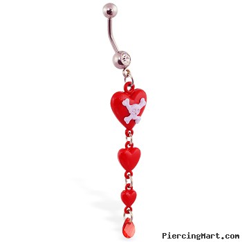 Navel ring with dangling red hearts and skull