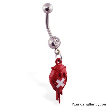 Navel ring with dangling red bloody patched heart