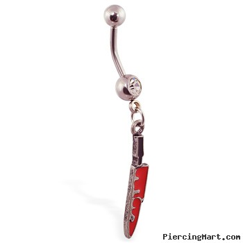 Navel ring with dangling bloody knife