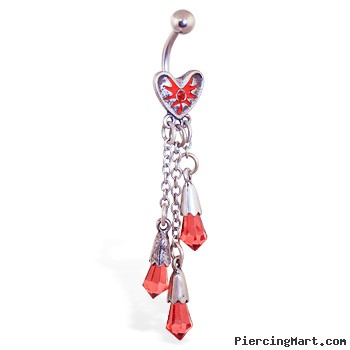 Bloody heart navel ring with dangling chains and red crystals