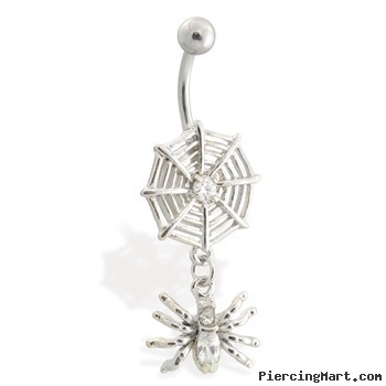 Spider web belly ring with dangling jeweled spider