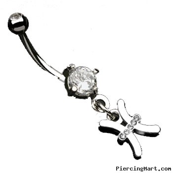 Navel ring with dangling jeweled pisces sign