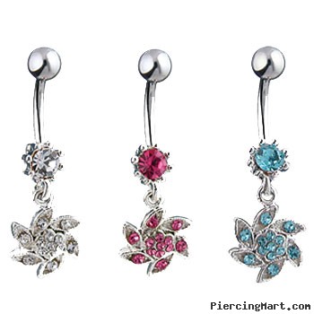 Jeweled navel ring with dangling jeweled swirl flower