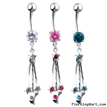 Navel ring with dangling chains stars and moons