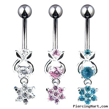 Jeweled navel ring with dangling jeweled flower