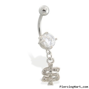 Navel ring with dangling jeweled dollar sign