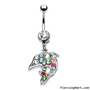 Jeweled belly ring with dangling multi-color dolphin