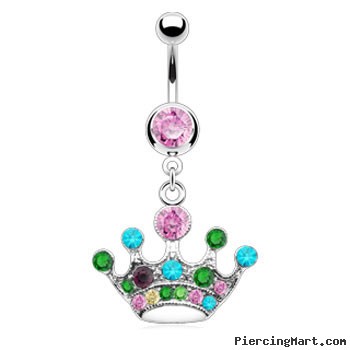 Pink jeweled belly ring with dangling multi-color crown