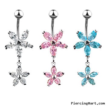 Dangling jeweled flower belly ring