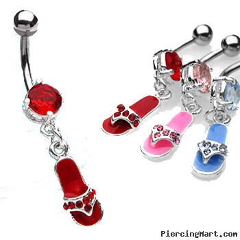 Belly ring with dangling jeweled flip flop