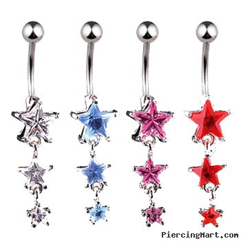 Jeweled star navel ring with dangling jeweled stars