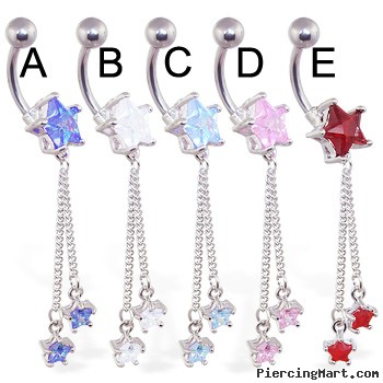 Jeweled star navel ring with dangling chains and stars