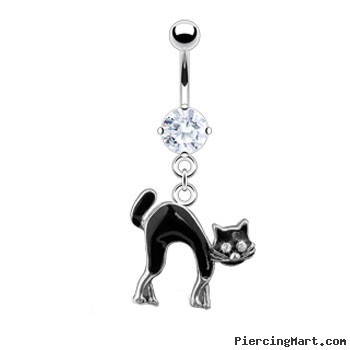 Belly Ring with Dangling Scared Black Cat