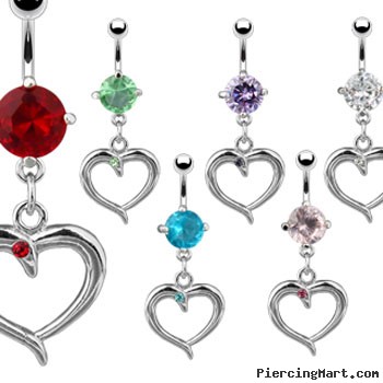 Jeweled belly ring with dangling heart