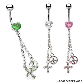 Jeweled heart belly ring with dangling jeweled peace sign and cross