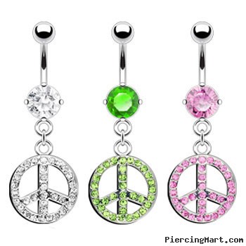 Belly ring with dangling pave jeweled peace sign